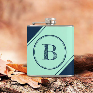 Initial Monogram Geometric Diagonal Blue Mint Hip Flask