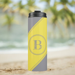 Initial Monogram Geometric Diagonal Gray Yellow Thermal Tumbler