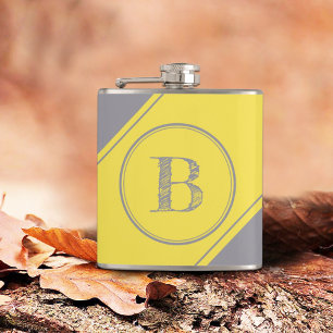 Initial Monogram Geometric Diagonal Yellow Gray Hip Flask