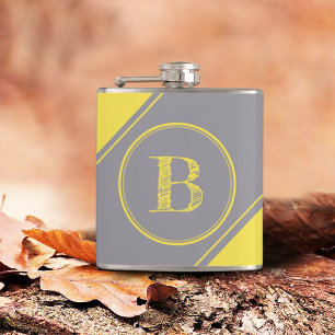 Initial Monogram Geometric Diagonal Yellow Gray Hip Flask