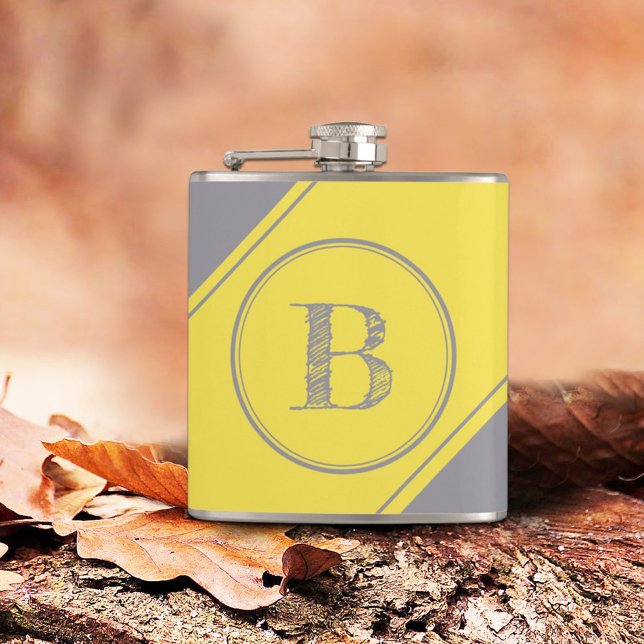 Initial Monogram Geometric Diagonal Yellow Grey Hip Flask (Creator Uploaded)