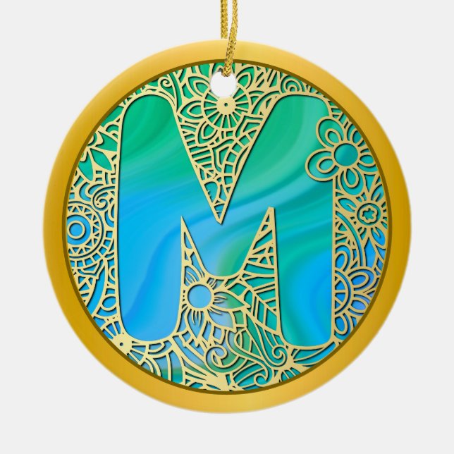  Initial Monogram M Christmas - Gold, Teal & Blue Ceramic Tree Decoration (Front)