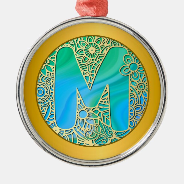  Initial Monogram M Christmas - Gold , Teal & Blue Metal Tree Decoration (Front)
