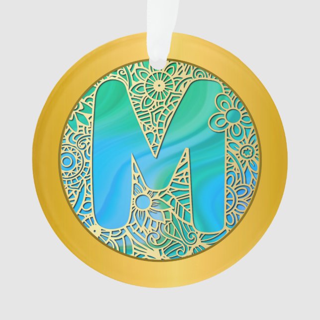  Initial Monogram M Christmas - Gold, Teal & Blue Ornament (Front)