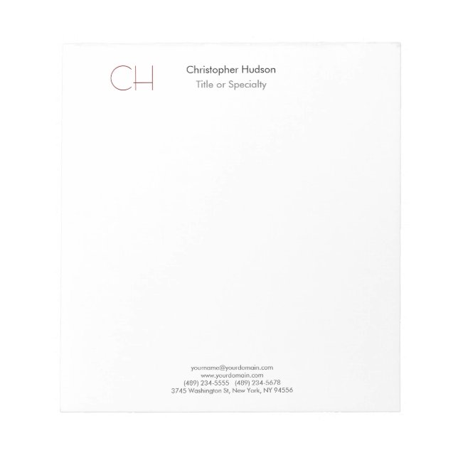 Initial Monogram Modern Minimalist Plain Simple Notepad (Front)