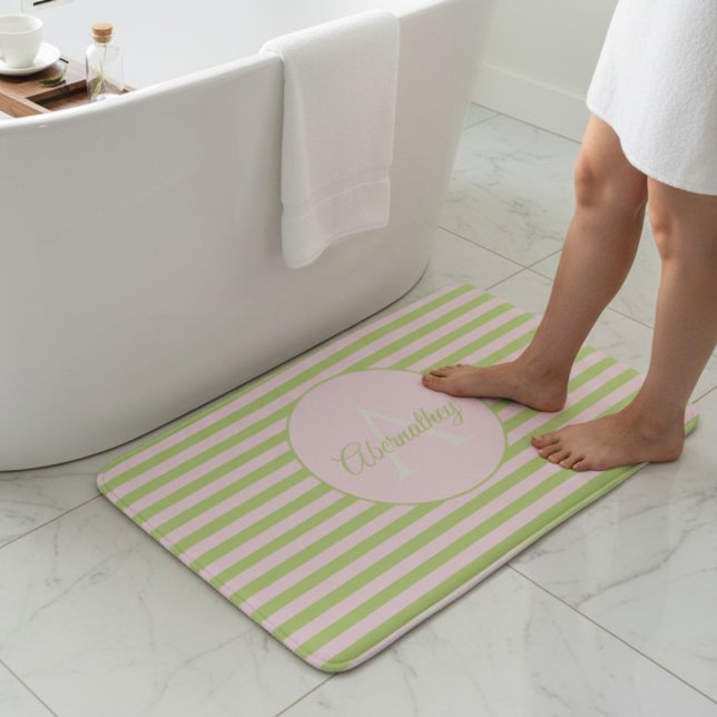 Initial Monogram & Name Pastel Pink Green Striped Bath Mat (Pastel pink and green striped background with template name & initial letter monogram bathmat.)
