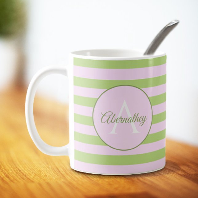 Initial Monogram & Name Pastel Pink Green Striped Coffee Mug (Creator Uploaded)