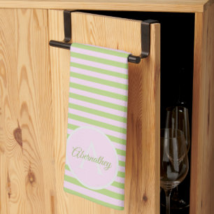 Initial Monogram & Name Pastel Pink Green Striped Tea Towel