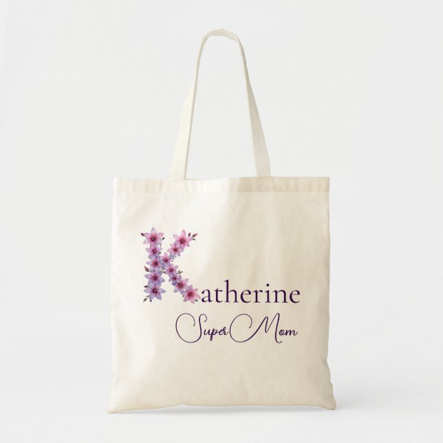 Initial Monogram + Name Super Mum Tote Bag (Front)