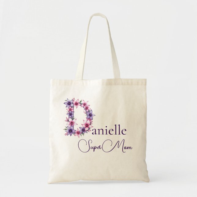 Initial Monogram + Name Super Mum Tote Bag (Front)
