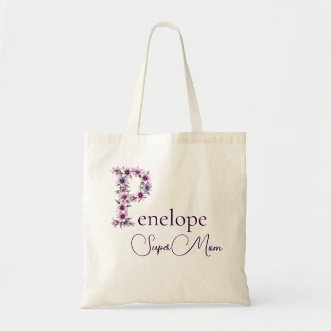 Initial Monogram + Name Super Mum Tote Bag (Front)
