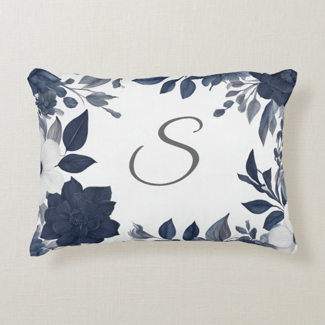 Initial Monogram Navy Blue Grey Farmhouse Floral Decorative Cushion (Front)