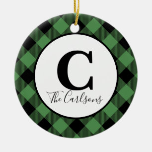 Initial Monogram Photo Green Black Buffalo Plaid Ceramic Tree Decoration