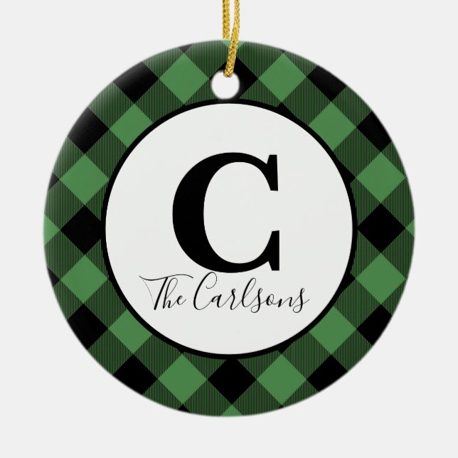 Initial Monogram Photo Green Black Buffalo Plaid Ceramic Tree Decoration (Front)