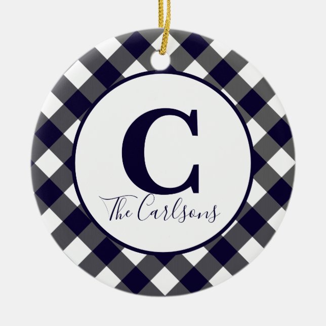 Initial Monogram Photo Navy White Buffalo Plaid Ceramic Tree Decoration (Front)