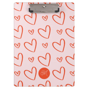 initial monogram preppy heart doodles - pink & red clipboard