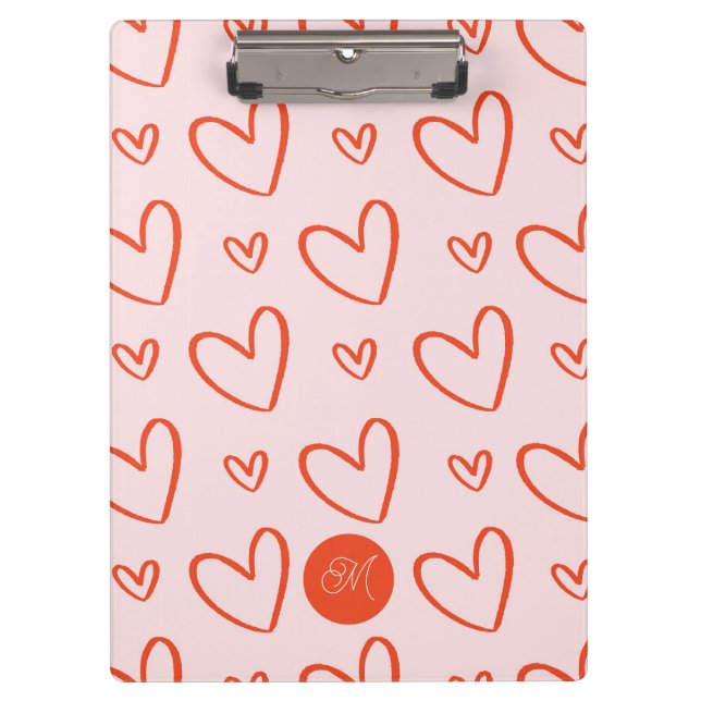 initial monogram preppy heart doodles - pink & red clipboard (Front)