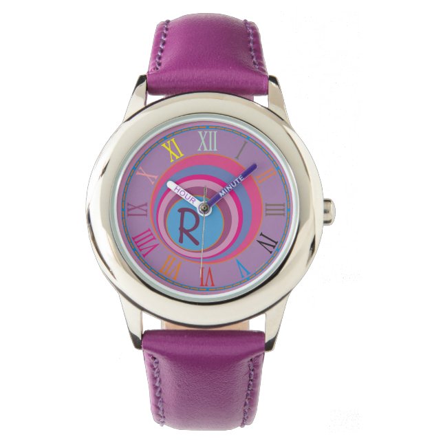 Initial Monogram Purple Pink Blue Clock Art Girly Watch (Front)