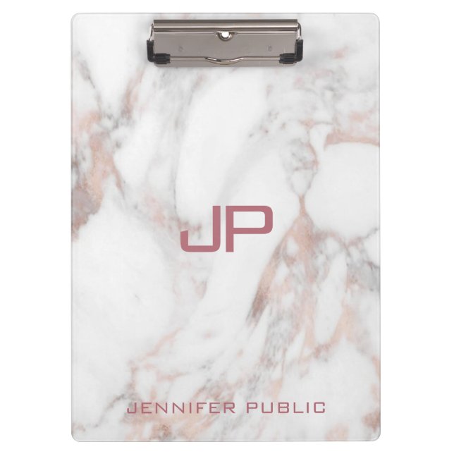 Initial Monogram Rose Gold White Marble Template Clipboard (Front)