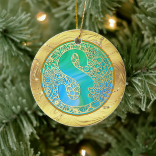 Initial Monogram S Christmas - Gold, Teal & Blue Ceramic Tree Decoration