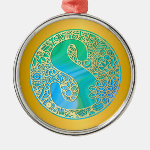 Initial Monogram S Christmas - Gold, Teal & Blue Metal Tree Decoration
