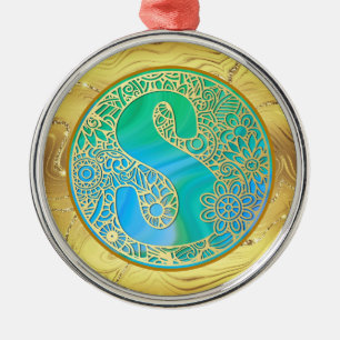 Initial Monogram S Christmas - Gold, Teal & Blue Metal Tree Decoration