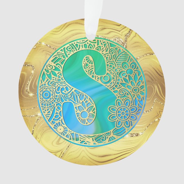  Initial Monogram S Christmas - Gold, Teal & Blue Ornament (Front)