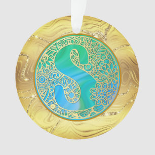 Initial Monogram S Christmas - Gold, Teal & Blue Ornament