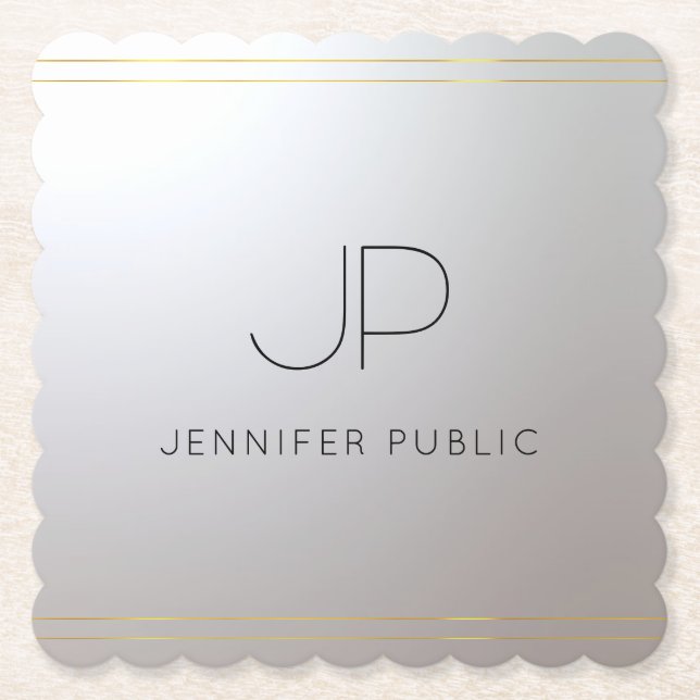 Initial Monogram Template Gold Silver Elegant Paper Coaster (Front)