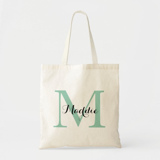 Initial Monogram Tote Bag, Mint Green and Black (Front)