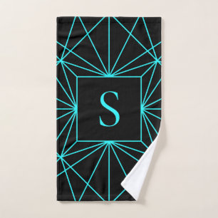 Initial Monogram   Turquoise Geometric Design Bath Towel Set