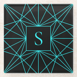 Initial Monogram   Turquoise Geometric Design Glass Coaster