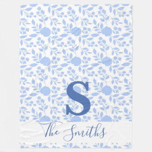 Initial Monogram White and Light Blue Floral Fleece Blanket