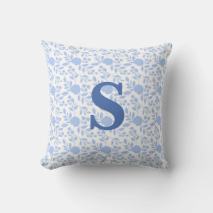 Initial Monogram White and Light Blue Floral Throw Cushion