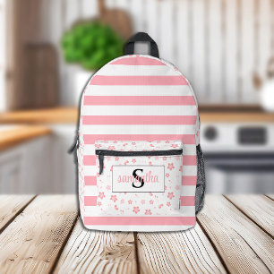 Initial Monogram with Pink Stripes and Flowers Printed Backpack