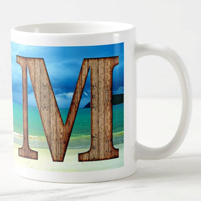 Initial Monogram Wooden Letter M Beach Ocean Scene Coffee Mug (Creator Uploaded)