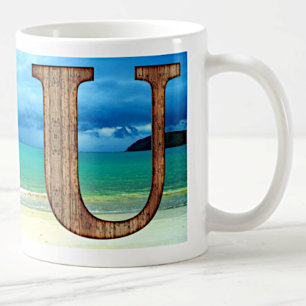 Initial Monogram Wooden Letter U Beach Ocean Scene Coffee Mug