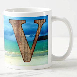 Initial Monogram Wooden Letter V Beach Ocean Scene Coffee Mug