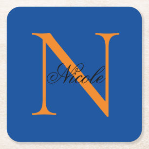 Initial Monogrammed Handwritten Own Name Deep Blue Square Paper Coaster