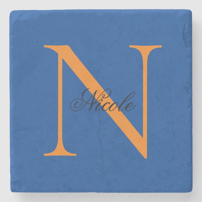 Initial Monogrammed Handwritten Own Name Deep Blue Stone Coaster (Front)