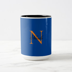 Initial Monogrammed Handwritten Own Name Deep Blue Two-Tone Coffee Mug
