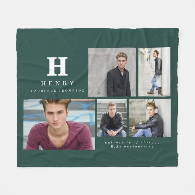 Initial multi photo graduate announcement green fleece blanket (Front (Horizontal))