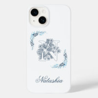 Initial "N" Blue Monogram Calm Floral