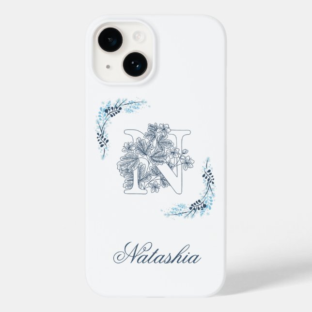 Initial "N" Blue Monogram Calm Floral Case-Mate iPhone Case (Back)