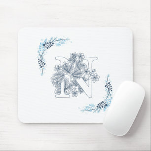 Initial "N" Blue Monogram Calm Floral Mouse Mat
