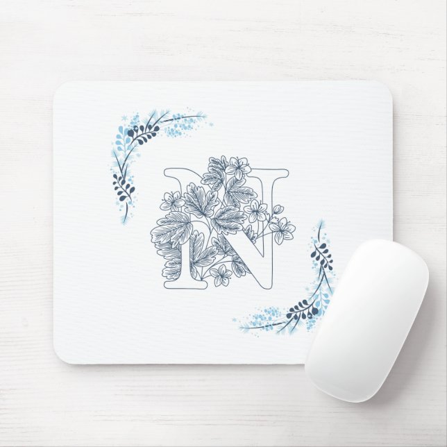 Initial "N" Blue Monogram Calm Floral Mouse Mat (With Mouse)