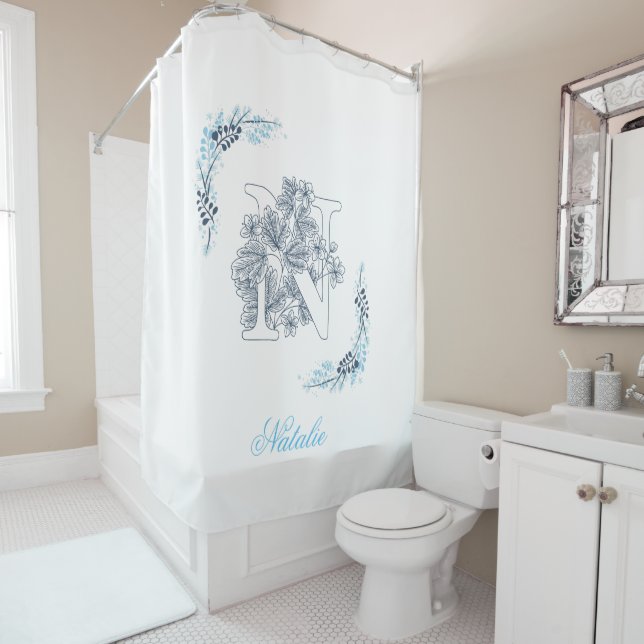 Initial "N" Blue Monogram Calm Floral Shower Curtain (In Situ)
