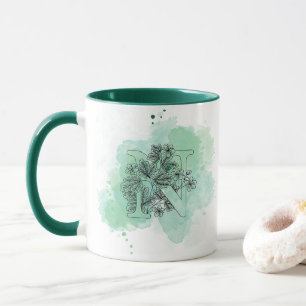 Initial N Watercolor Monogram Green Botanical Mug