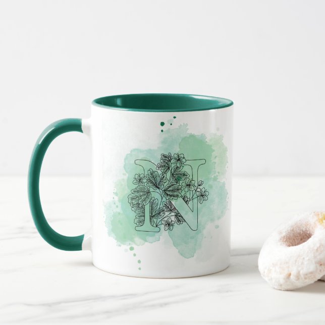 Initial N Watercolor Monogram Green Botanical  Mug (With Donut)