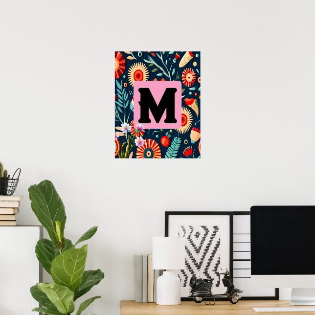 Initial Name | Abstract Colourful Flowers & Leaves Poster (Home Office)